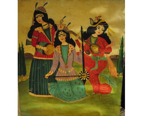 A Persian canvas of Qajar style ladies playing musical instruments