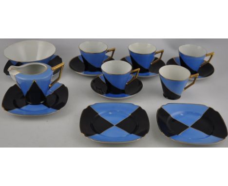 A Czechoslovakian porcelain part tea service, with attractive pale and dark blue with gilt line geometric decoration, compris