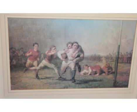 A limited edition print, G E Hicks 1875, Football: Will He Do It?, 40 x 67cm, together with five late Victorian sketches, all