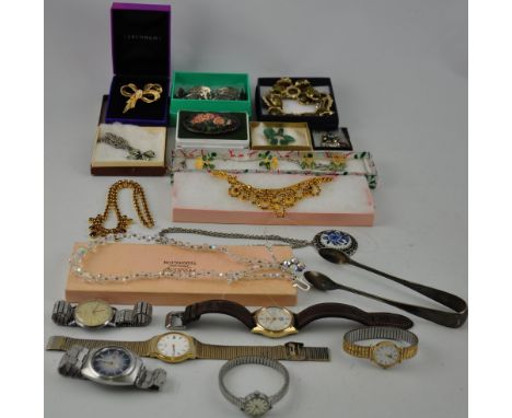 A quantity of watches and costume jewellery including a vintage Wittnauer wristwatch, crystal and paste neclaces and bracelet