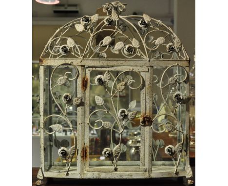 A vintage style cream painted glazed lantern modelled as a bird cage