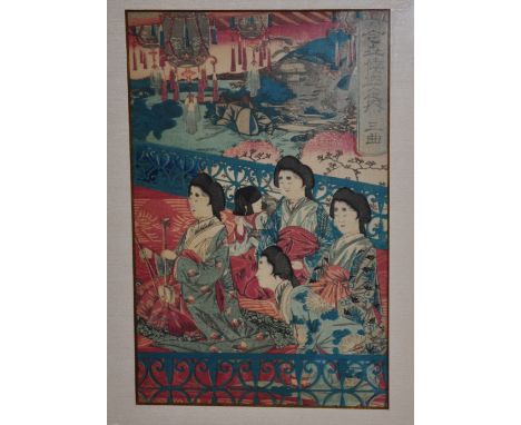 An early 20th century Japanese woodblock print depicting a seated musician and attendants within a lantern garden landscape 3