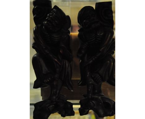 A pair of Chinese Rootwood lamp bases modelled as gentlemen with staffs, H29cm