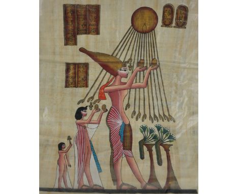 A handpainted papyrus Akhnaton and his Family Worshipping Aton, 56 x 40cm, together with a limited edition woodcut print, The