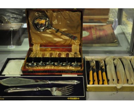 A boxed set of fish eaters, together with a set of fish servers by E.P. Mallory & Son, and a set of soup spoons, with ladle