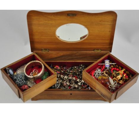 An early 20th century Italian walnut jewellery box containing assorted costume jewellery including hard stone bead necklace, 