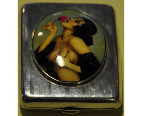 A silver coral case with Deco enamel picture, hallmarked Birmingham 1922