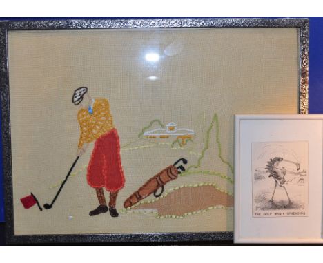 After Lawson Wood, a coloured golfing print, A Good Game, together with two 1930s/1950s hole in one certificates, an embroide