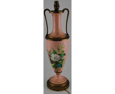 An early 20th century gilt metal mounted ceramic campana tablelamp decorated with roses on a pink glazed body H 50 cms20