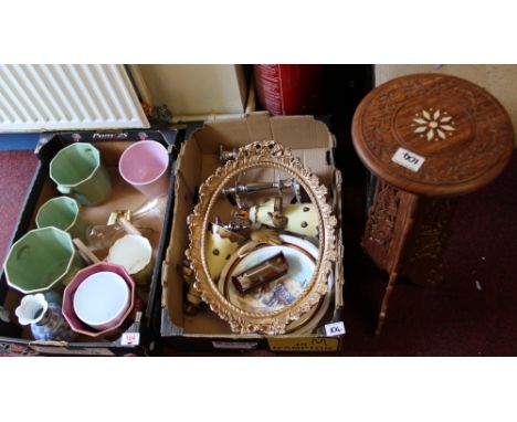 A mixed collection of items to include gilded picture frame: silver plated candlestick, plant pots, carved table etc ( 2 tray