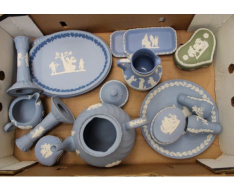 Wedgwood jasperware items: tri-colour oval plaque, oval plaque, teapot, salt and pepper etc (15). 