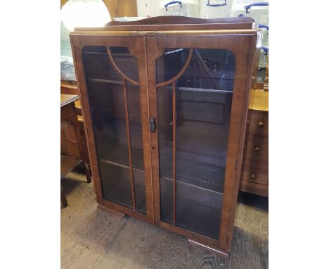 Art Deco walnut veneer china cabinet/glazed bookcase: 92cm W x 26cm D x 120cm H. 