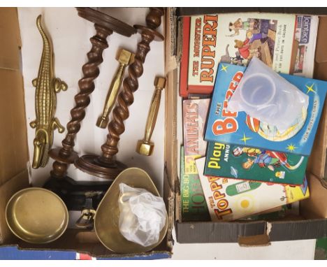 A set of kitchen scales with weights: together with a pair of brass and a pair of wooden barley twist candlestick holders and