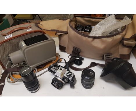 Olympus vintage camera equipment: Olympus OM10 cased camera, 2 x Olympus lenses, flash unit etc, together with an Agfa Opticu