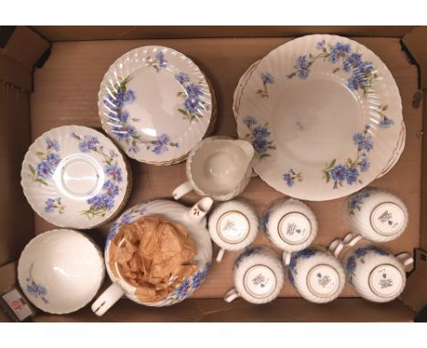 Adderly Cornflower patterned Floral Teaware including: 5 saucers, 6 cups, teapot, cream &amp; sugar, 6 side plates 