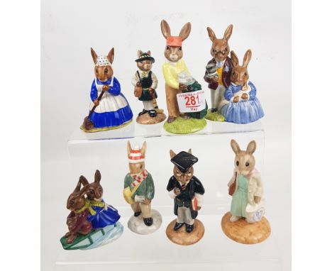 Royal Doulton Bunnykins Figures: School day DB57, Shopper DB233, Father Mother &amp; Victoria DB68, Sleigh Ride DB4, Schoolma