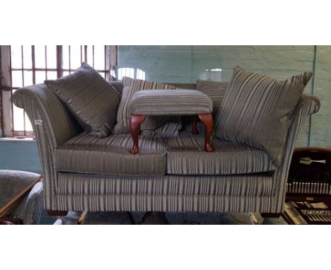 A striped 2 tone fabric 2 seater sofa: together with matching footstool. 