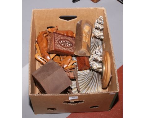 A box of wooden items to include cuckoo clock, wooden animals, wall shelving brackets etc.