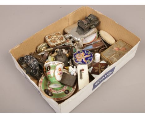 A box of collectables to include trinket boxes, hip flask, wade whimsies etc.