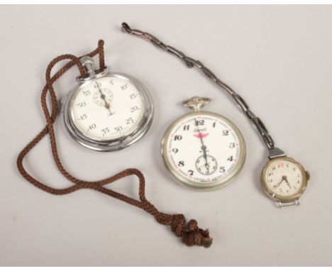 A USSR ingersoll pocket watch along with a Smiths pocket / stop watch and a white metal manual wristwatch head on expanding s