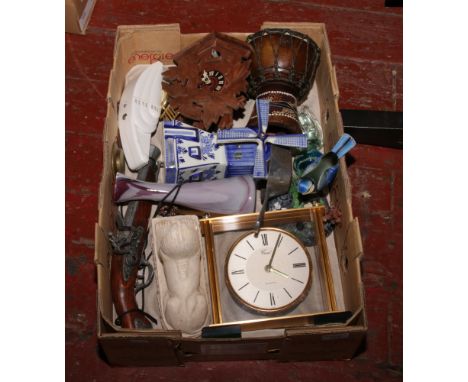 A box of miscellaneous including coral quartz mantel clock, Delft musical windmill and a cuckoo clock.