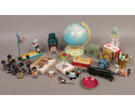 A box of vintage and later toys including Chad Valley tinplate globe, Midget bank safe, Robertsons advertising figures and a 