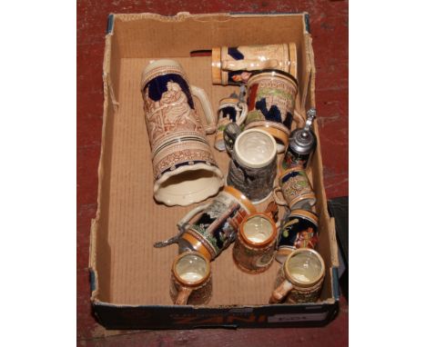 A box of ceramic steins to include West German examples etc.