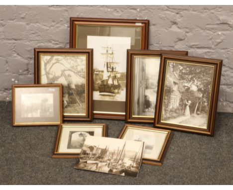 A quantity of mostly framed monochrome prints by Frank Meadow Sutcliffe, views of Whitby Harbour and portrait of children pla