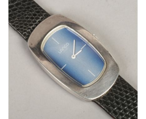 A Lanco stainless steel cased manual wristwatch with 925 silver back blue dial black Hirsch strap.