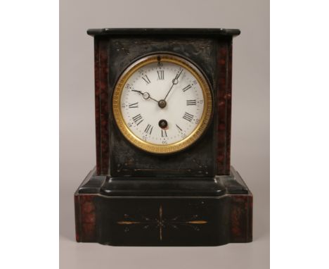 A Victorian slate 30 hour mantle clock with white enamel dial with key.