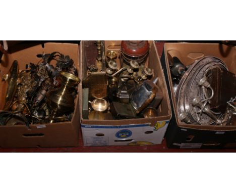 Three boxes of metalwares to include Tilley lamp, silver plate serving trays, picquot ware, brasswares etc.