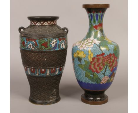 A Chinese cloisonne vase along with a similar champleve enamel vase.