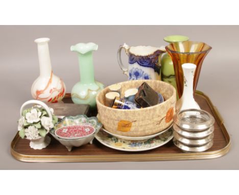 A tray of collectable ceramics art glass and metal wares to include Czechoslovakian bowl, Aynsley vase, sterling silver coast