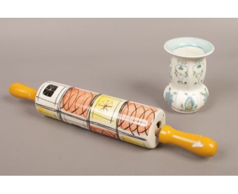 A hand painted Sylvac vase along with a retro Price rolling pin.