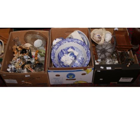 Three boxes of miscellaneous to include large Spode bowl, horse and cart, composite figures etc.