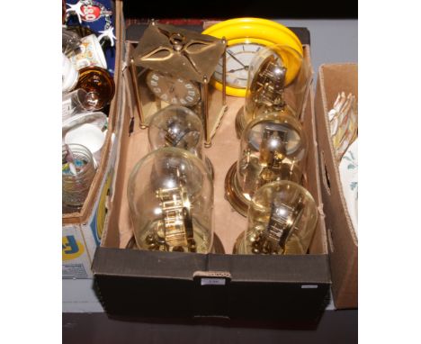A box of clocks to include glass dome torsion examples, Metamec wall clock etc.