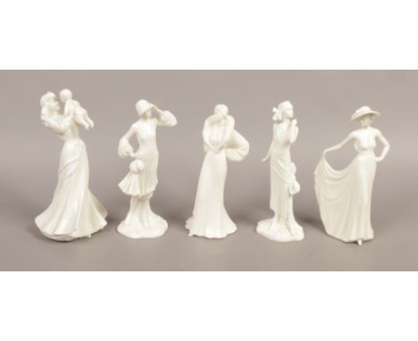 Five white ceramic figurines of women to include Royal Doulton and Colaport examples.