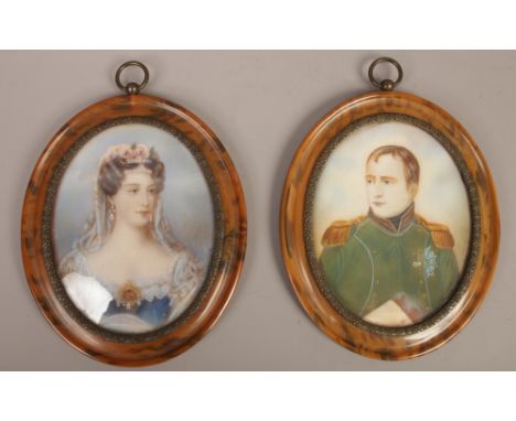 A pair of late 20th century ivory portrait miniatures of Emperor Napoleon bonaparte and Josephine in oval tortoiseshell frame