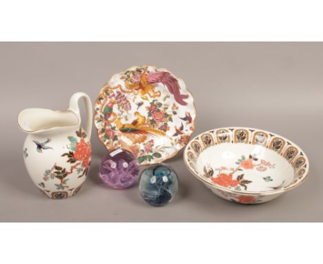 A Royal Crown Derby cabinet plate decorated in Olde Avesbury design along with a Caithness paperweight and one other, along w