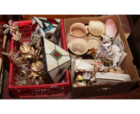 Two boxes of miscellaneous to include ceramic jugs, Wade, composite figure, gilt metal ceiling lights and Tiffany style shade