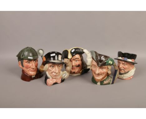 Five Royal Doulton character jugs to include The Sleuth, Captain Henry Morgan, Robin Hood etc.