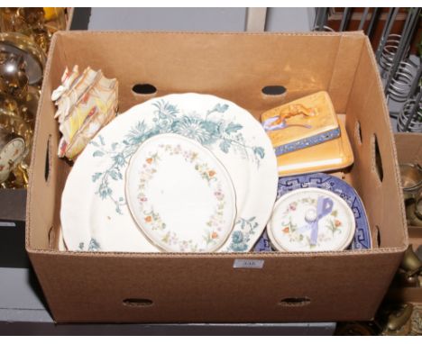 A box of miscellaneous ceramics including meatplates, Wedgwood, blue and white, Royal Worcester cake plate etc.