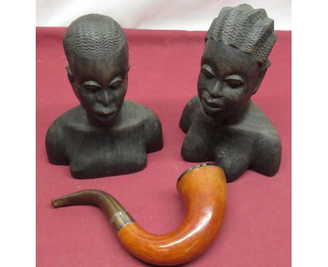 Early C20th Singleton &amp; Cole Ltd. Calabash pipe with silver collar, Birmingham 1909 and pair of C20th carved African ebon