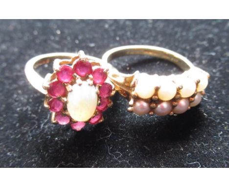 Hallmarked 9ct yellow gold Opal and red stone cluster ring, size K, and a hallmarked 9ct yellow gold ring with seed pearls, s