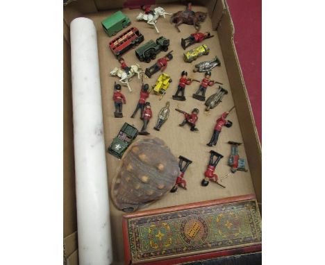 Small collection of hand painted lead soldiers, Matchbox vehicles, early C20th cased dominos (case A/F), white marble rolling