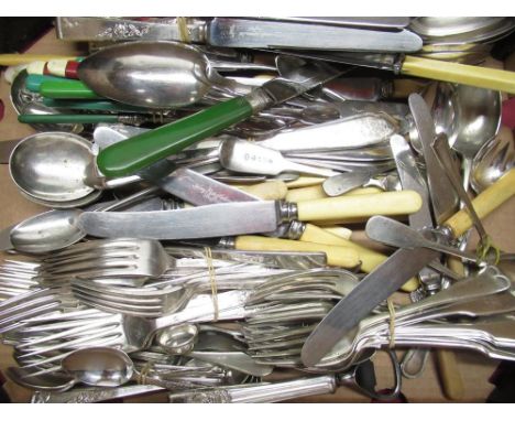 Silver plated fiddle pattern forks, bone handled knives, other silver plated flatware 