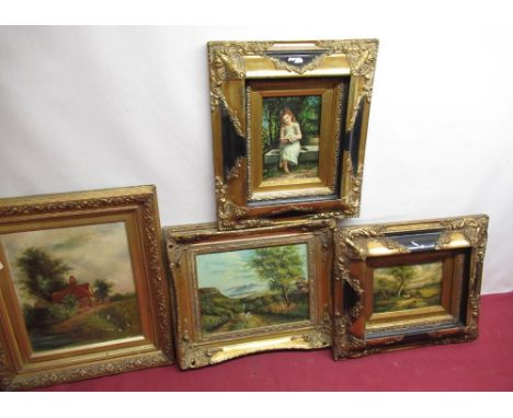 Group of C20th Continental style paintings in gilt and ebonized frames, including a farming scene and a house by a river, bot