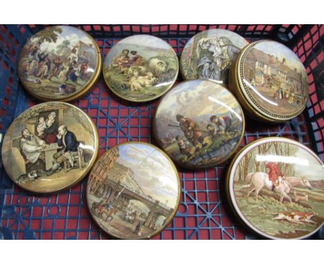 Collection of eight prattware pot lids to include Uncle Toby, The Village Wedding, Peace etc 