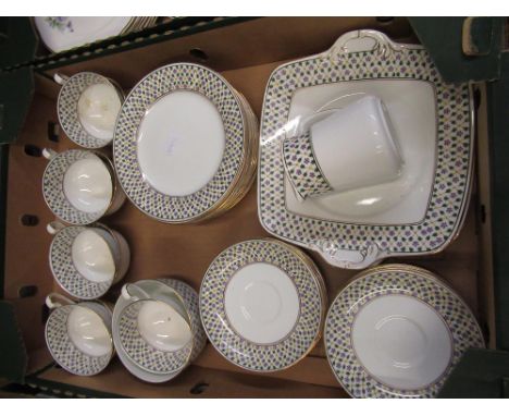 Comprehensive Mayfair bone china tea, coffee and dinner service decorated with purple pansies and a Grimwades Atlas China tea