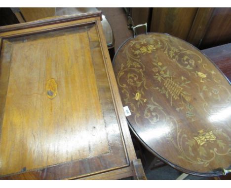 Mahogany inlaid oval tray with twin carry handles, shoe shine stool/box, luggage rack and mahogany fire screen (4) 